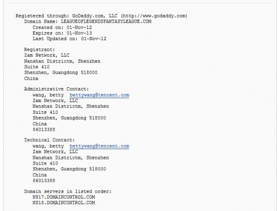 LeagueofLegendsFantasyLeague.com WHOIS record